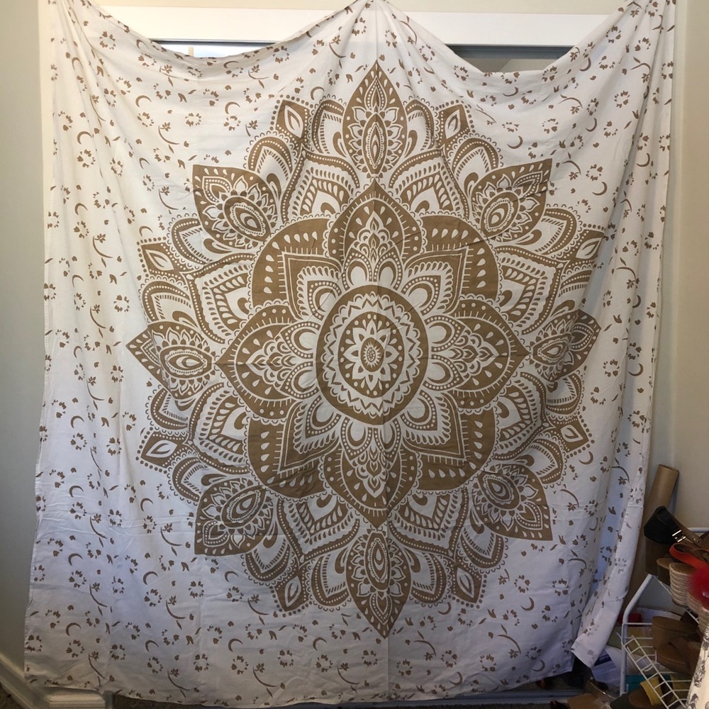 white and gold tapestry